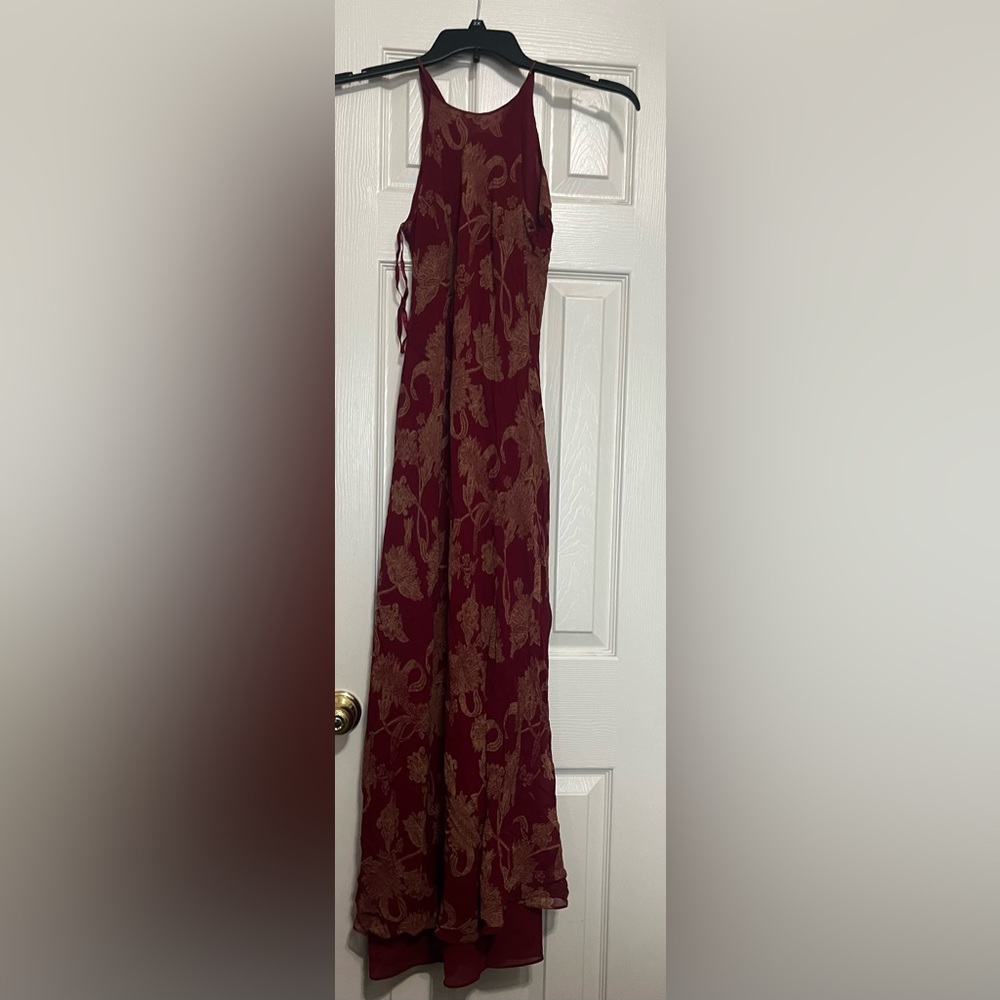Ann Taylor red floor length dress with floral gold print size 2